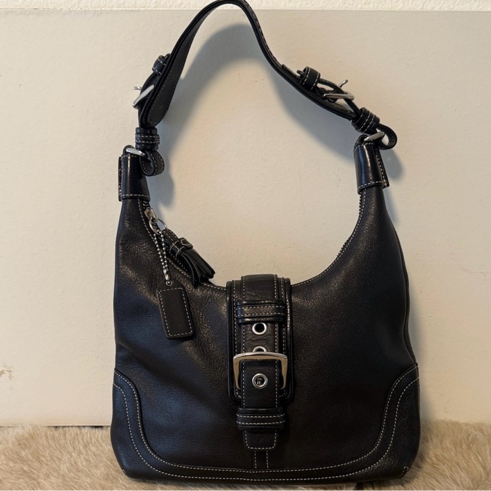 Coach Hamptons Black Leather Hobo Shoulder Bag Y2K Chic buckle strap vintage